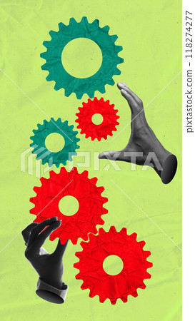 Hands adjusting red and green gears, representing business strategies and operations. Contemporary art collage. Hands adjusting red and green gears, representing business strategies and operations. Contemporary art collage. 118274277