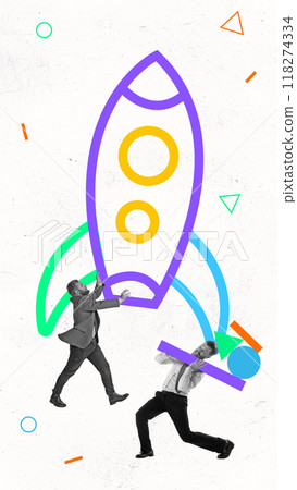 Contemporary art collage. Two people hustle as they carry pieces and push forward giant rocket, symbolizing rapid growth and bold business launch. 118274334
