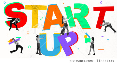 Poster. Contemporary art collage. Team pushes colorful letters into place, showing energy and excitement of starting new venture. Poster. Contemporary art collage. Team pushes colorful letters into place, showing energy and excitement of starting new venture. 118274335