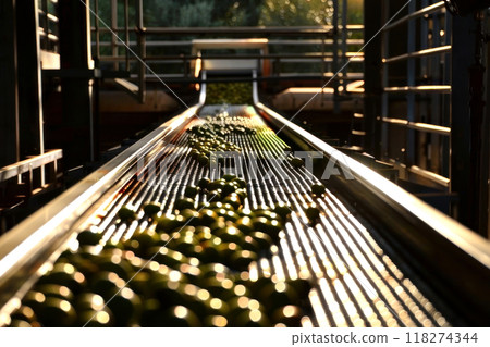 Captured moment in an olive processing plant, showcasing the vibrant green olives 118274344