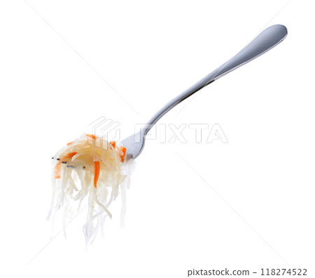 fermented white cabbage with carrot on a metal fork isolated on white background. fermented white cabbage with carrot on a metal fork isolated on white background. 118274522