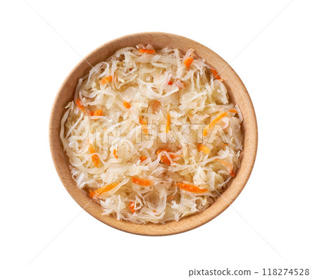 sauerkraut with carrot in a wooden bowl isolated on white background. Top view. sauerkraut with carrot in a wooden bowl isolated on white background. Top view. 118274528