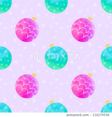 Watercolor vector christmas seamless pattern with blue and pink balls and snowflakes. Pattern in swatches. For fabric, wrapping paper and other decoration. Watercolor vector christmas seamless pattern with blue and pink balls and snowflakes. Pattern in swatches. For fabric, wrapping paper and other decoration. 118274536