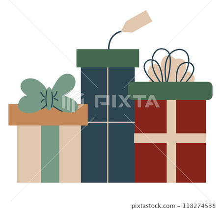 Gift boxes illustration. Holiday presents wrapped in paper wrapping, decorated with ribbon bows, strings and twines. Surprises in giftboxes. Flat vector illustrations isolated on white background 118274538