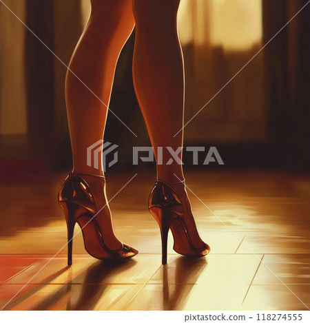 Softly streams through a window, highlighting the elegance of slender legs clad in high heels. Softly streams through a window, highlighting the elegance of slender legs clad in high heels. 118274555