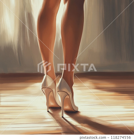 The elegant legs accentuated by high heels stand poised on a wooden floor, bathed in warm sunlight 118274556