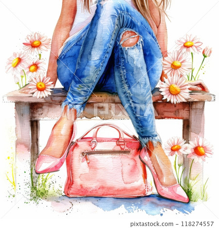 Basking in the warm sunlight, a woman sits gracefully on a wooden bench 118274557