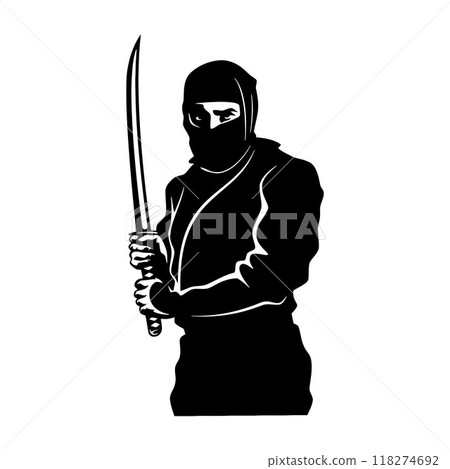 Ninjutsu fighter. Ninja, Japanese wrestler. Japan martial art. Asian warrior in mask, wrestling pose, stance, defending position, posture. vector illustration isolated on white background Ninjutsu fighter. Ninja, Japanese wrestler. Japan martial art. Asian warrior in mask, wrestling pose, stance, defending position, posture. vector illustration isolated on white background 118274692
