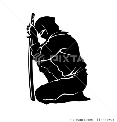 Ninjutsu fighter. Ninja, Japanese wrestler. Japan martial art. Asian warrior in mask, wrestling pose, stance, defending position, posture. vector illustration isolated on white background Ninjutsu fighter. Ninja, Japanese wrestler. Japan martial art. Asian warrior in mask, wrestling pose, stance, defending position, posture. vector illustration isolated on white background 118274693