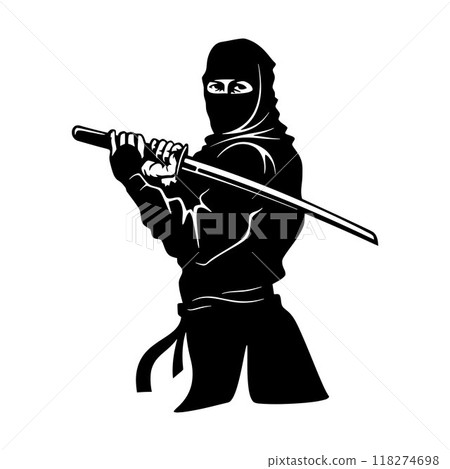 Ninjutsu fighter. Ninja, Japanese wrestler. Japan martial art. Asian warrior in mask, wrestling pose, stance, defending position, posture. vector illustration isolated on white background 118274698