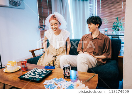 Couple enjoying a date at home Couple enjoying a date at home 118274909