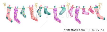 Clothesline socks. Socks on a rope, Baby socks with patterns vector cartoon. 118275151
