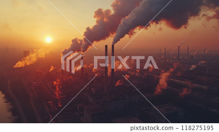Industrial area and chimneys illuminated by the setting sun 118275195