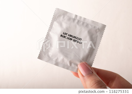 Hand holding condom on white background. Mens contraception. Sexually transmitted diseases infections protection. Concept of birth control. Safe sex. STD. High quality photo 118275331