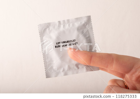 Fingers holding condom on light background. Mens contraception. Sexually transmitted diseases infections protection. Concept of birth control. Safe sex. STD. High quality photo 118275333