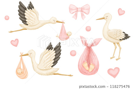 Watercolor stork carries newborn baby girl. Cute hand drawn illustrations set isolated on white background Watercolor stork carries newborn baby girl. Cute hand drawn illustrations set isolated on white background 118275476