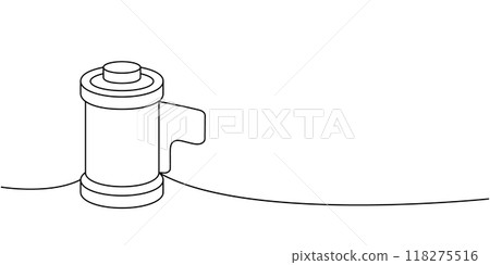 Camera film roll, film strip one line continuous drawing. Professional photo equipment. Vector linear illustration. Camera film roll, film strip one line continuous drawing. Professional photo equipment. Vector linear illustration. 118275516