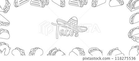 Tacos horizontal outline banner. Traditional Mexican street fast food. Tacos with meat, vegetable and tortilla. Vector illustration 118275536