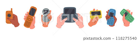 Hands hold flip mobile phones. Old mobile phone from the 90s. Retro electronic devices. Vector illustration. 118275540