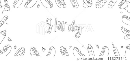 Hot dogs horizontal outline banner. American street fast food. Long buns, sausage, vegetables, sauces. Vector illustration. 118275541