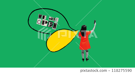 Poster. Contemporary art collage. Woman in red dress stands confidently, holding her phone, with speech bubble proclaiming We Are Open. Readiness and announcement. Poster. Contemporary art collage. Woman in red dress stands confidently, holding her phone, with speech bubble proclaiming We Are Open. Readiness and announcement. 118275590