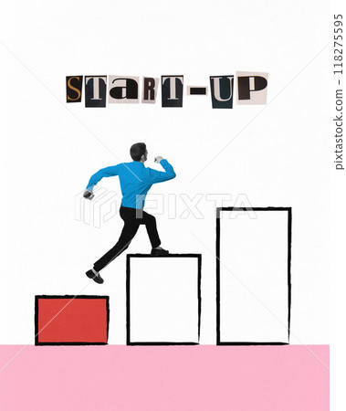 Poster. Contemporary art collage. Man climbs rising bars with word Start-Up above, as progress and energy as he takes each step forward. Poster. Contemporary art collage. Man climbs rising bars with word Start-Up above, as progress and energy as he takes each step forward. 118275595