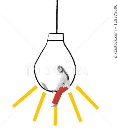 Poster. Contemporary art collage. Woman wearing headphones, immersed in her laptop work, sits inside lightbulb with yellow rays. Spark of flesh idea. 118275600