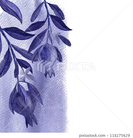 Pomegranate branch vertical watercolor monochrome card isolated on white. Hand painted art in shades of dark violet color ideal for sophisticated designs banners, posters, food blogs, stationary 118275629