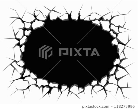 Broken wall with a hole and splinters. 118275996