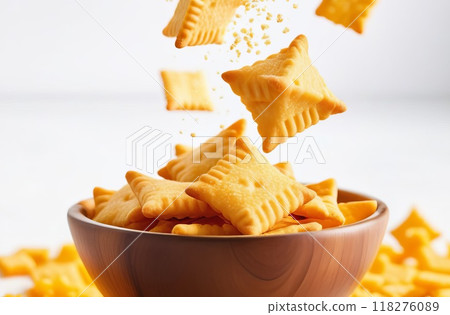 A cheese cracker hovering over a plate full of cookies on a white background 118276089