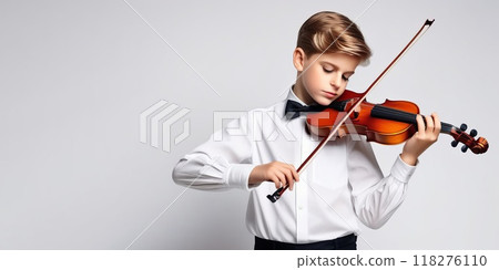 A banner with a place for text on the left, a cute little boy in a light concert suit playing the violin on a white background A banner with a place for text on the left, a cute little boy in a light concert suit playing the violin on a white background 118276110