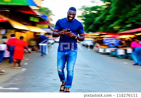 A happy black man checks his cell phone while walking down the street, against a blurry city background 118276111