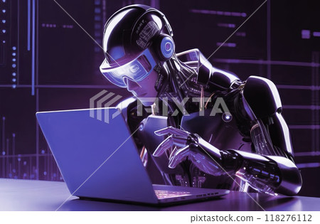 Futuristic hacker robot, cybersecurity concept and data protection technology. Security using artificial intelligence, blockchain, authorized Internet access Futuristic hacker robot, cybersecurity concept and data protection technology. Security using artificial intelligence, blockchain, authorized Internet access 118276112