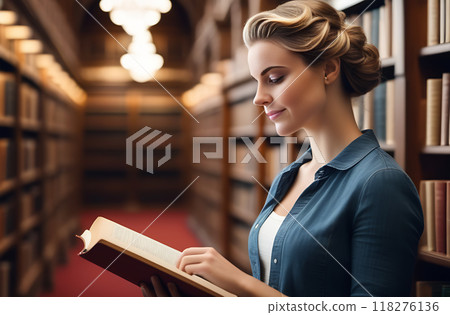 A young woman enthusiastically reads a book in the university library, the blurred background of the bookshelves A young woman enthusiastically reads a book in the university library, the blurred background of the bookshelves 118276136