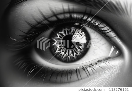 Close-up of the eye, monochrome black and white drawing, engraving style 118276161