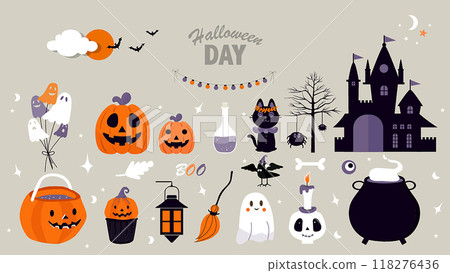 Set of happy halloween greeting card.Characters  for Halloween in cartoon costumes style,cute pumpkin,Vector illustrations. 118276436