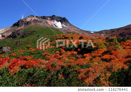 那須茶臼山的秋葉和火山煙霧 那須茶臼山的秋葉和火山煙霧 118276441