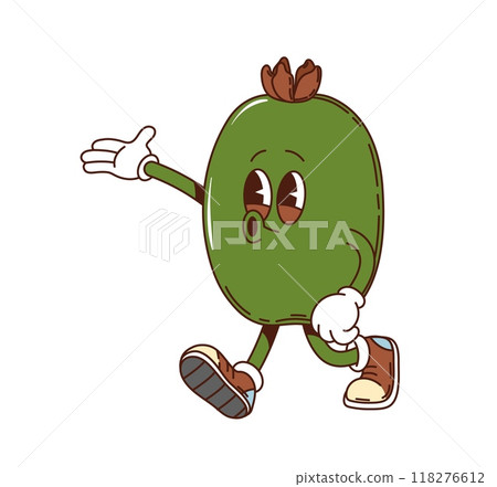 Cartoon groovy feijoa fruit character cheerfully walking with happy expression. Isolated vector funny tropical fruit personage, capturing the essence of happiness and playfulness in retro hippie style 118276612