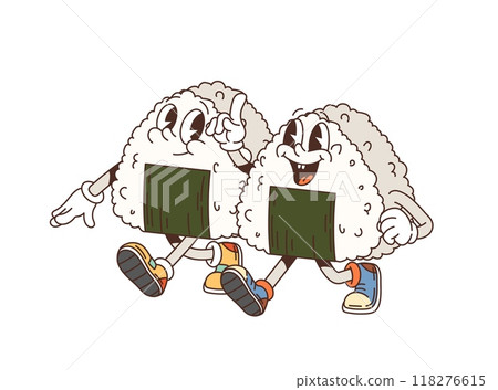 Cartoon funny retro groovy onigiri couple characters walking playfully together. Vector triangular rice ball pair, Japanese sushi, Asian restaurant meal personages with happy faces and joyful mood Cartoon funny retro groovy onigiri couple characters walking playfully together. Vector triangular rice ball pair, Japanese sushi, Asian restaurant meal personages with happy faces and joyful mood 118276615