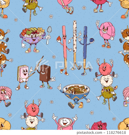 Groovy Japanese desserts characters seamless pattern, featuring fun Japan sweet food personages. Cartoon vector tile background, wallpaper, fabric print with a playful and whimsical Asian pastry meals 118276618