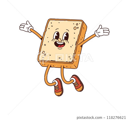 Toast retro groovy breakfast character. Isolated cartoon vector delightful slice of bread jumping with a beaming smile. Happy food personage in stylish shoes, oozing hippie charisma and cheer vibes 118276621