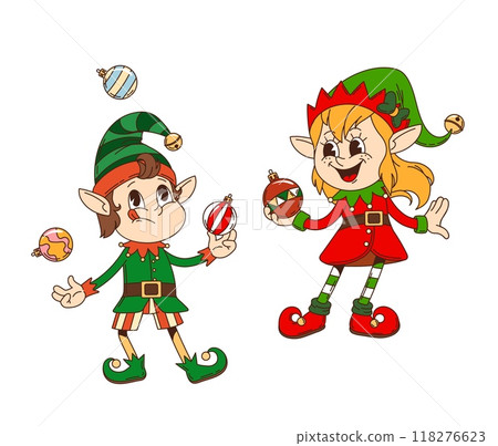 Retro groovy Christmas elf characters for winter holiday, cartoon vector funny gnomes. Groovy elves with funky faces and smiles juggling with Christmas bauble decorations for New Year holiday 118276623