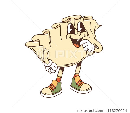 Retro cartoon gyoza groovy character with funny face, vector comic dumpling. Groovy gyoza or jiaozi character of Asian Japanese or Chinese cuisine in retro cartoon with yummy silly or freaky smile 118276624
