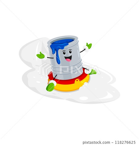 Cartoon paint bucket, Christmas diy and repair tool character, wearing a cheerful expression, gleefully slides downhill on a sled. Isolated vector dye personage spreading artistic joy on the snow 118276625