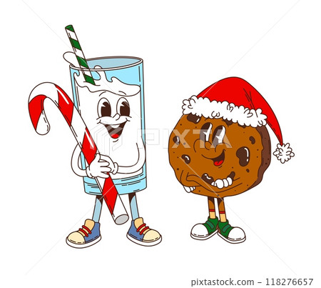 Retro groovy Christmas milk, chocolate characters for winter holiday, vector cartoon funny sweets. Groovy funky chocolate cookie in Santa hat and milk glass with candy cane and happy smile on face 118276657
