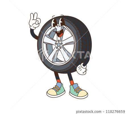 Retro groovy cartoon car tyre character with cheerful expressions and vibrant shoes holding up ok sign. Isolated cartoon vector tire personage promotes automotive service with playful and fun vibe Retro groovy cartoon car tyre character with cheerful expressions and vibrant shoes holding up ok sign. Isolated cartoon vector tire personage promotes automotive service with playful and fun vibe 118276659