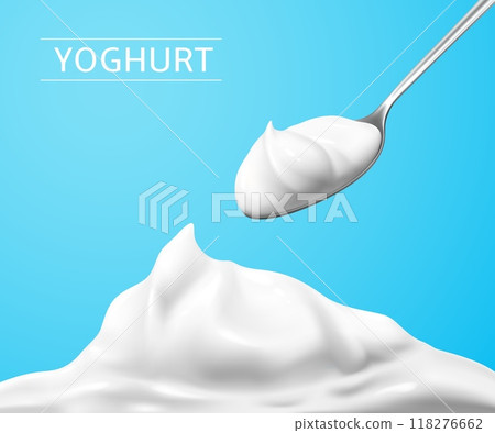 Greek yoghurt, sour cream or mayonnaise. Realistic 3d vector spoon lifting a creamy dollop of Greek yoghurt with smooth texture, promotes healthy eating, dairy product for culinary and food industry 118276662