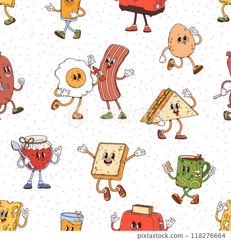 Groovy breakfast characters seamless pattern. Vector tile background with funny retro bacon, egg, toast, sandwich, jam jar and beverage cups or cheese slice with cheerful expressions and playful poses 118276664