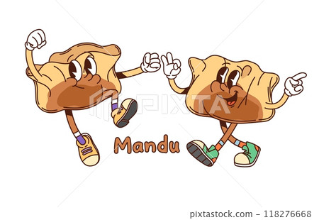Cartoon groovy Korean mandu characters. Isolated vector two Asian dumpling food personages with expressive faces showcasing fun and playful vibe, one raising a fist and the other making an ok sign 118276668