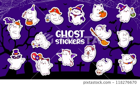 Kawaii Halloween ghost characters stickers pack. Cute and playful spooks celebrate holiday. Cartoon vector patches with spooky yet charming phantoms wear festive costumes at night cemetery background Kawaii Halloween ghost characters stickers pack. Cute and playful spooks celebrate holiday. Cartoon vector patches with spooky yet charming phantoms wear festive costumes at night cemetery background 118276670